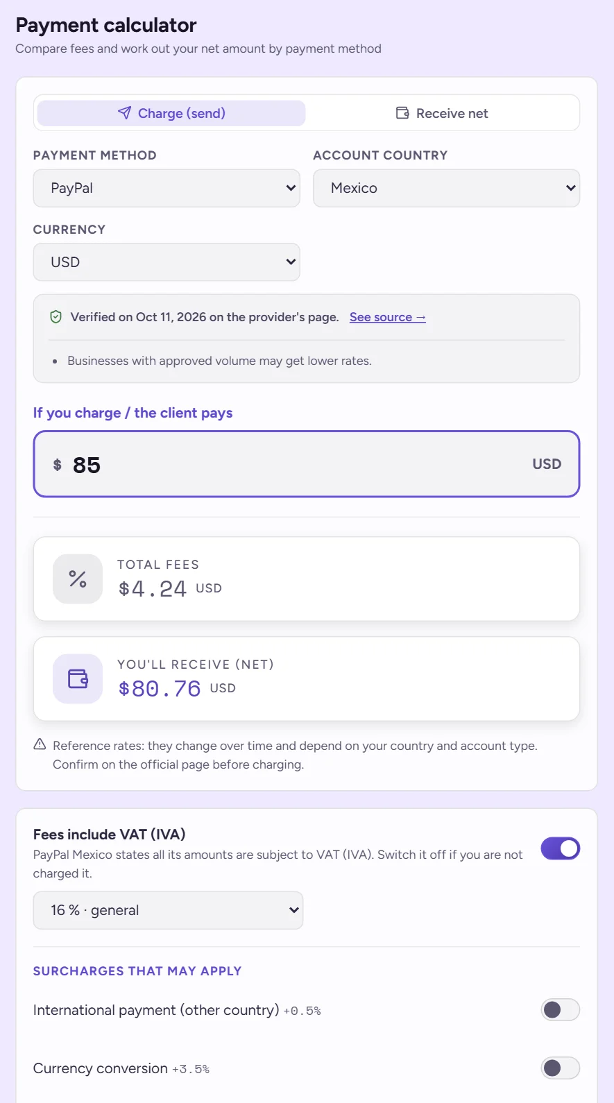 Payment calculator with an amount of 85 dollars and the net you would receive through PayPal