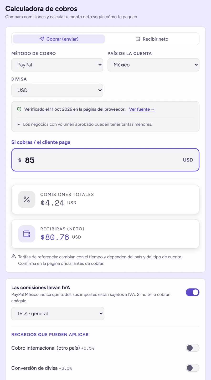 Calculadora de cobros con un monto de 85 dólares y el neto que recibirías por PayPal