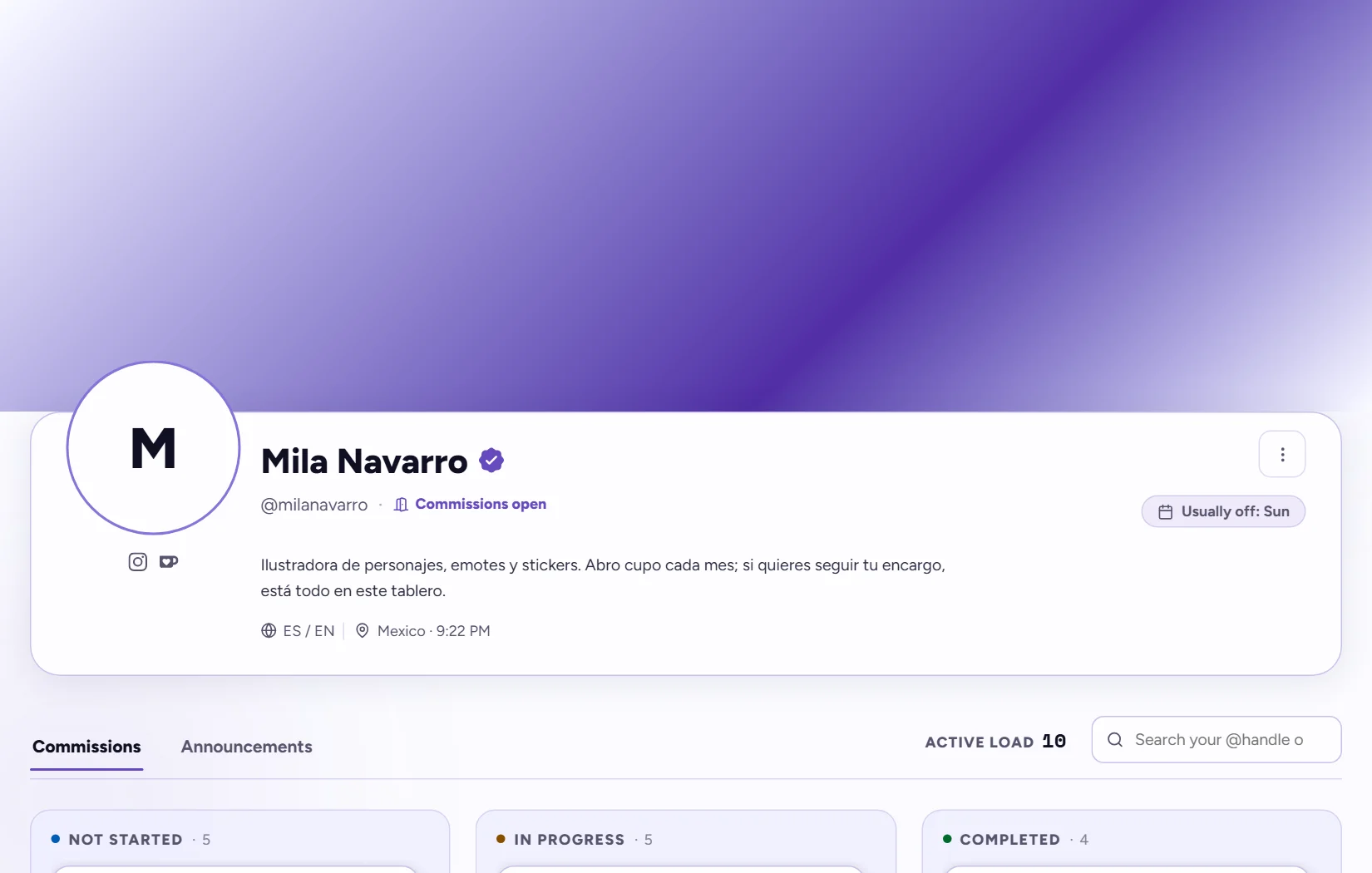 Desktop public profile with a banner, the artist details and columns of commissions