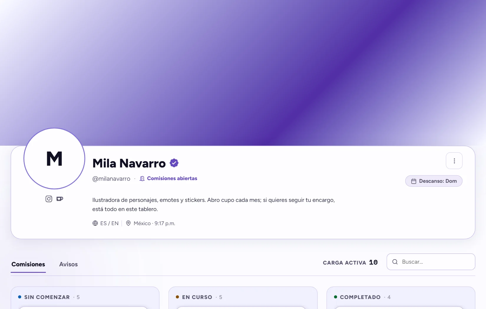 Perfil público de escritorio con la portada, la información del artista y las columnas de sus comisiones