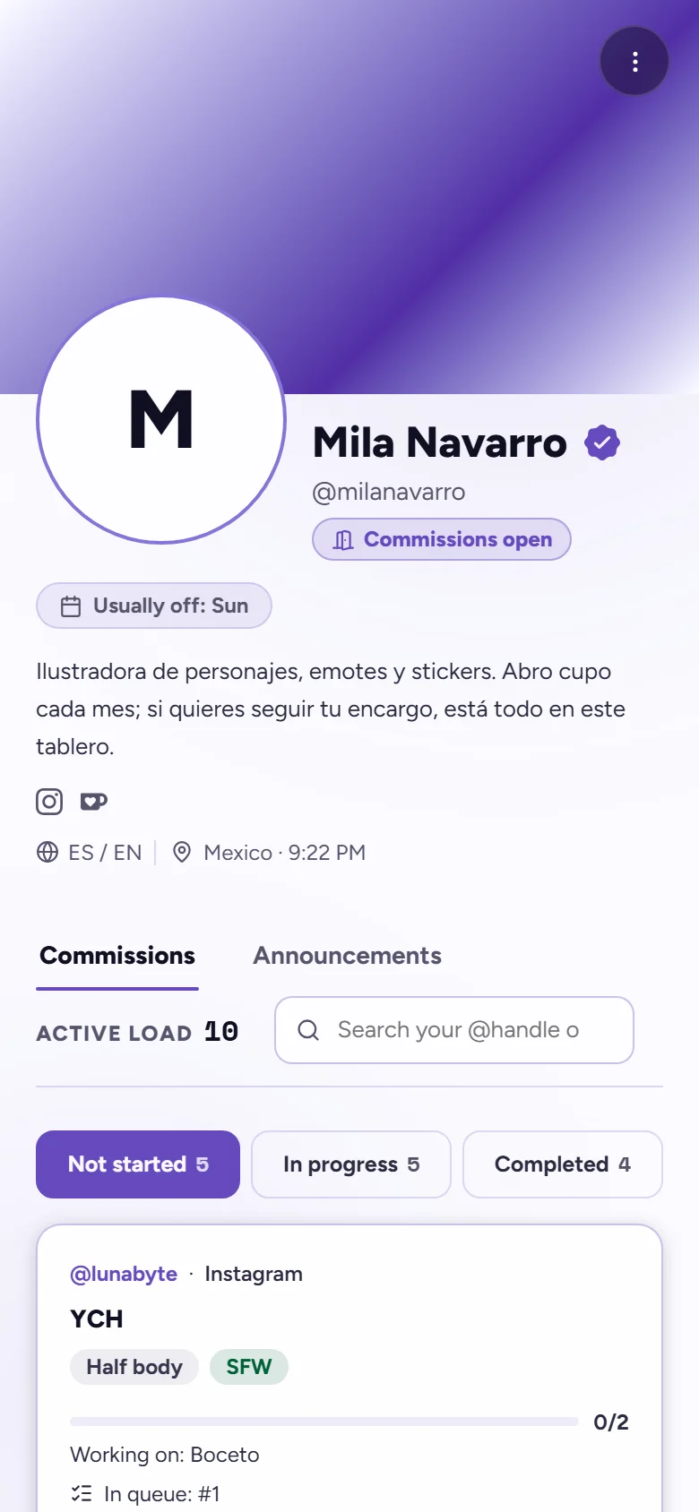 An artist public profile on a phone, showing commissions and an open queue