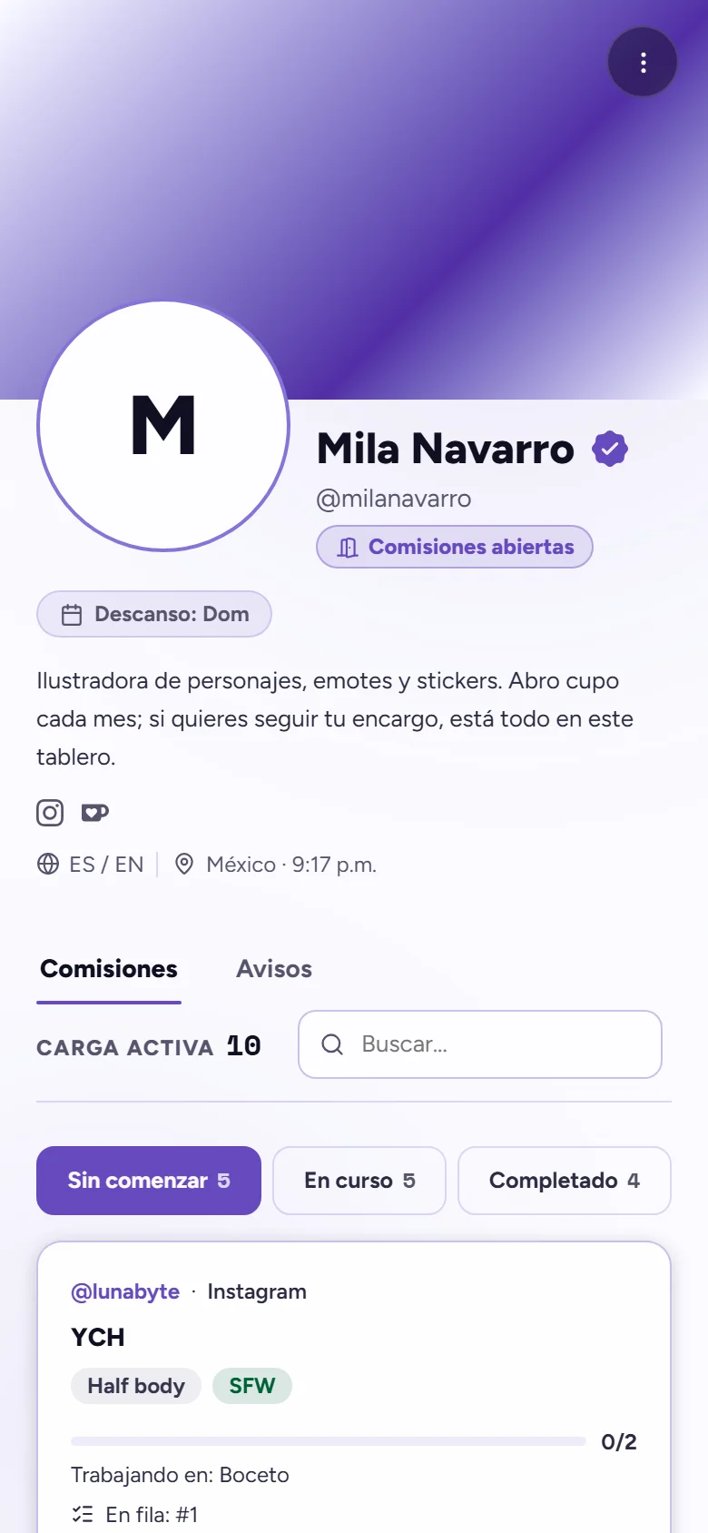 Perfil público de un artista visto desde el celular, con sus comisiones y su cola abierta